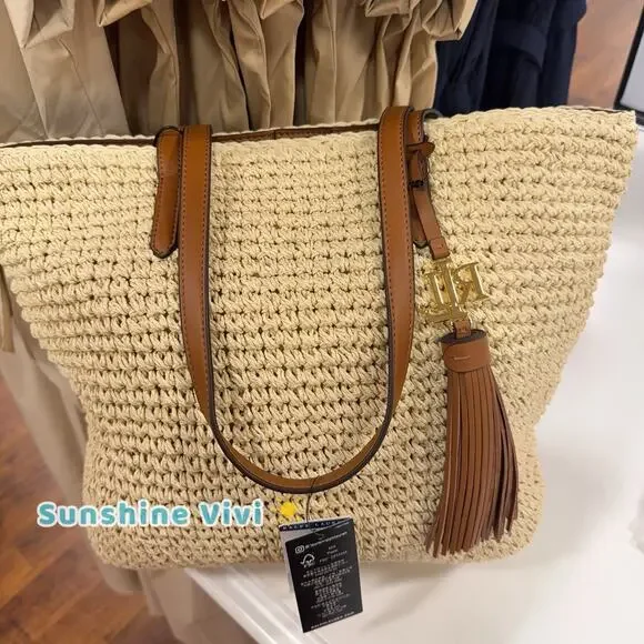 NWT Lauren RALPH LAUREN Crochet-Straw Medium Whitney Tote Natural/Lauren Tan - Picture 1 of 9